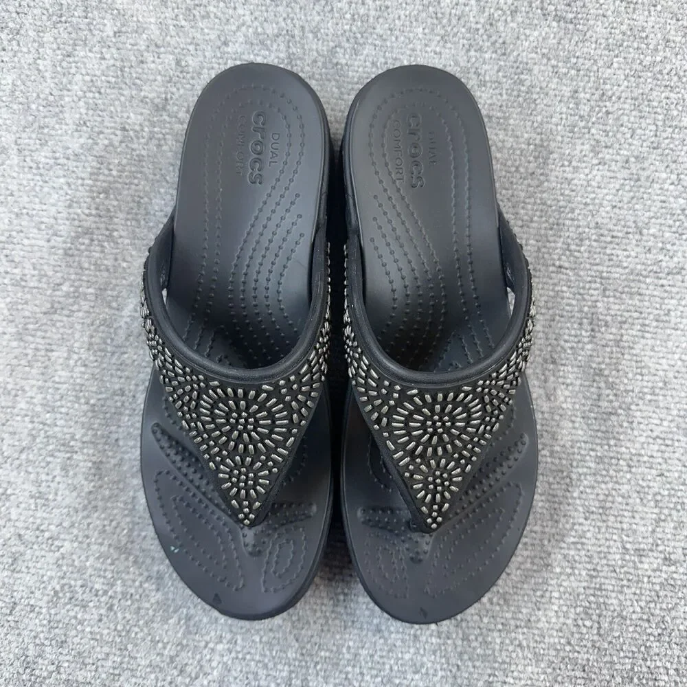 Crocs Women's Black Monterey Diamante Wedge Flip Flop Thong Sandals Size 10
